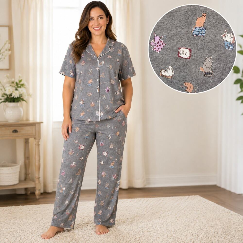 ED Ellen DeGeneres Pajama Set XL Cat Print Gray Button Front Lounge Sleepwear